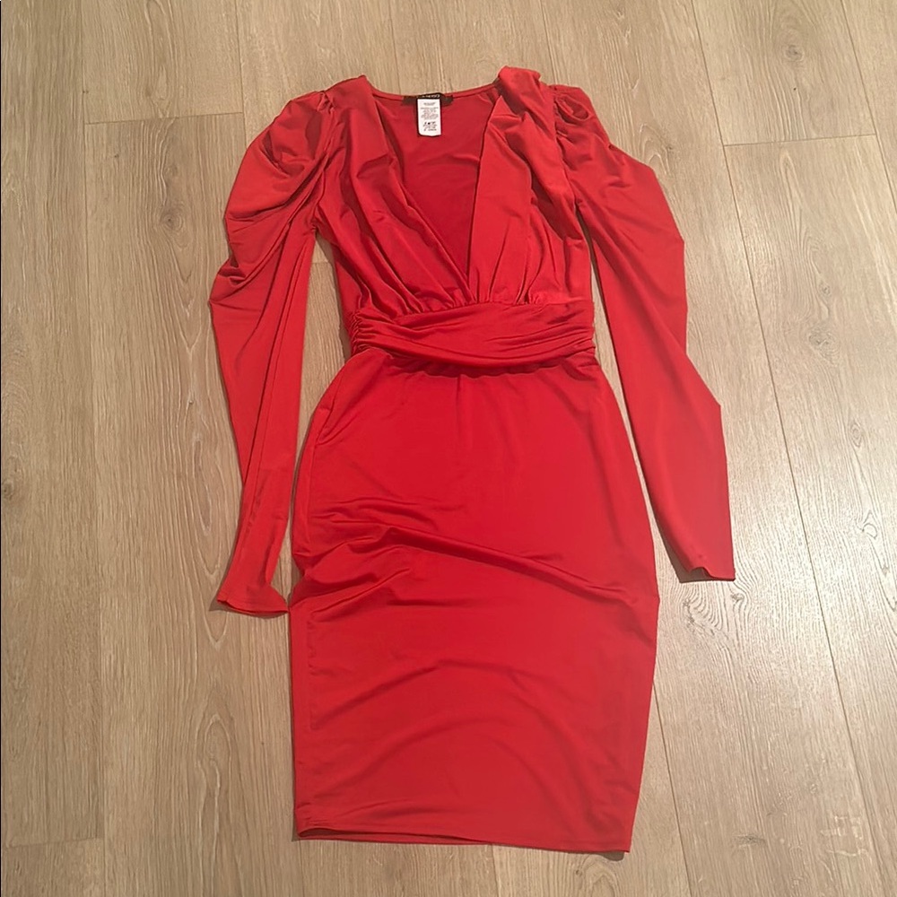 Red Long Sleeve Ruched Bodycon Dress with Plunge Neckline